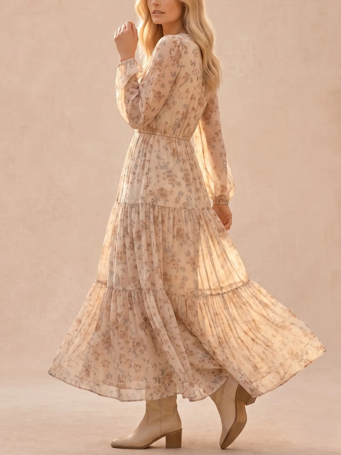 Western Dress — Ivory Apricot Plunging V-Neck Button Placket Long Sleeve Lace Dress Maxi Dress