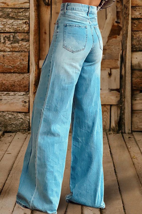 Fashion Washed High Rise Wide Leg Jeans