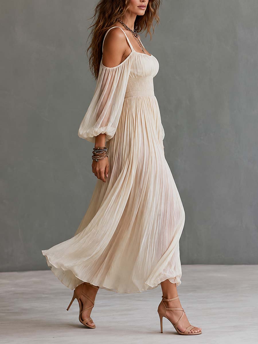 Boho Cold Shoulder Smocked Waist Pleated Midi Dress