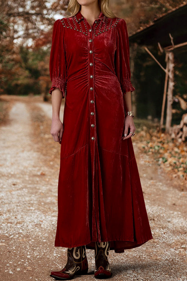 Vintage Charming Studded Velvet Buttoned Maxi Dress