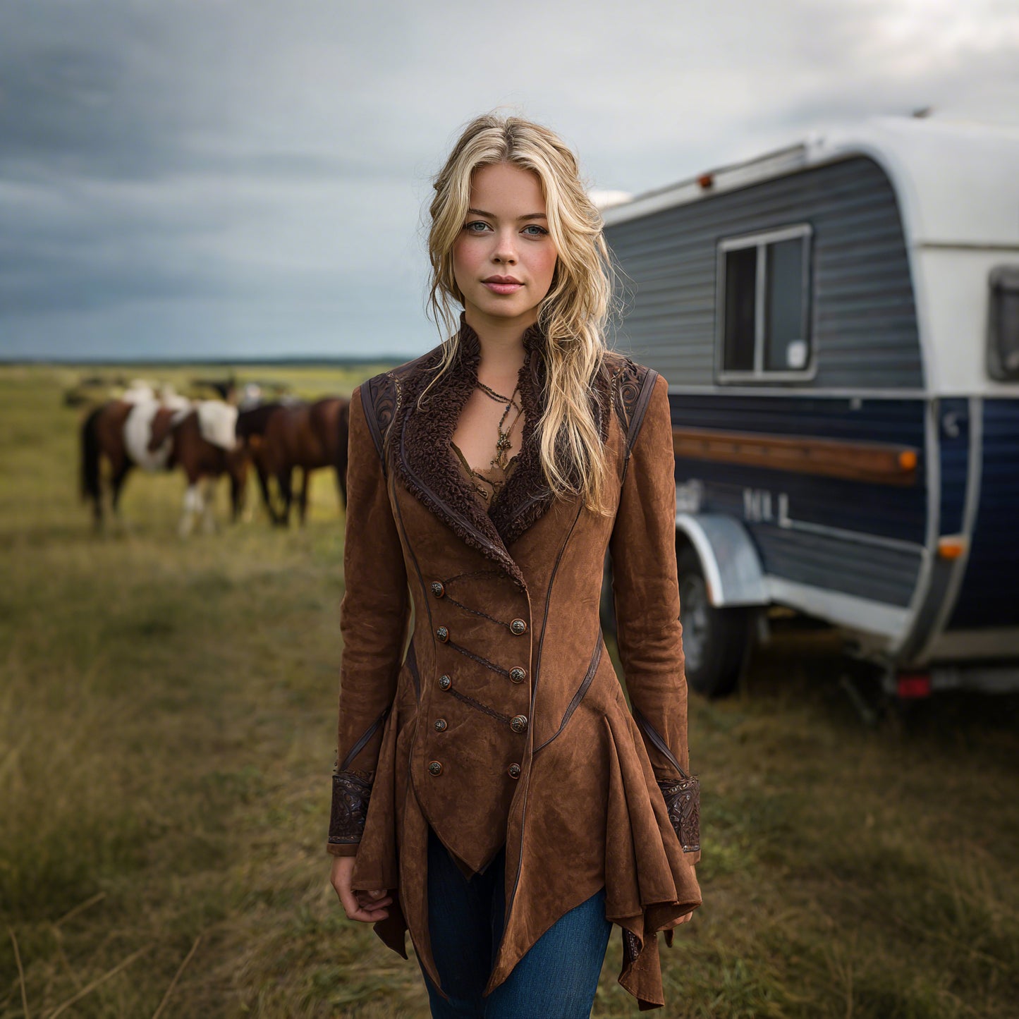 Women's Western Retro Riding Stand Collar Jacket Lambswool Lapel Mid-Length Jacket Irregular Hem Design Coat