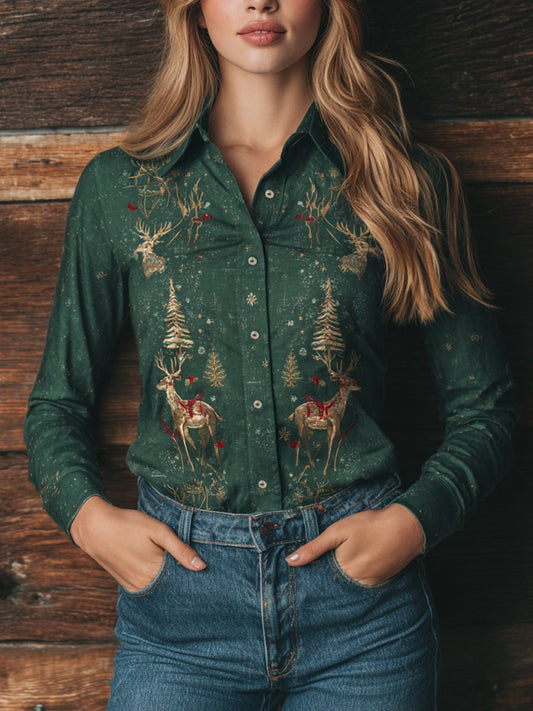 Women's Christmas Elk Print Western Long Sleeve Shirt