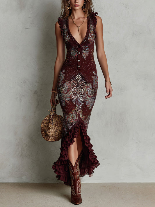 Embroidered Polyester Maxi Dress With Ruffles And Deep V-Neckline