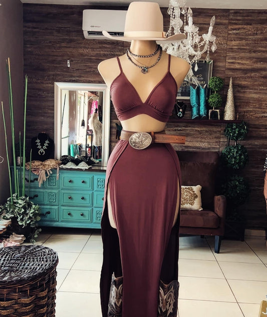 Brown Casual Slit Skirt