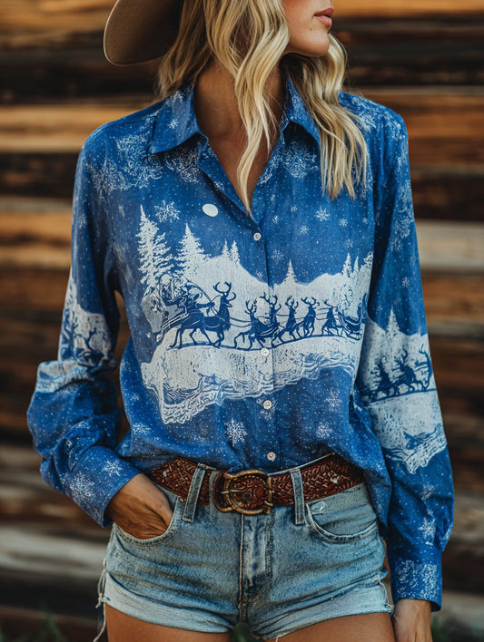 Women's Vintage Christmas Sleigh Elk Snowflake Print Western Long Sleeve Shirt