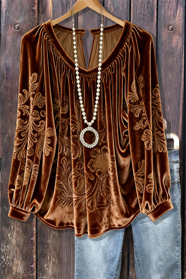 Vintage Floral Print V-Neck Velvet Top