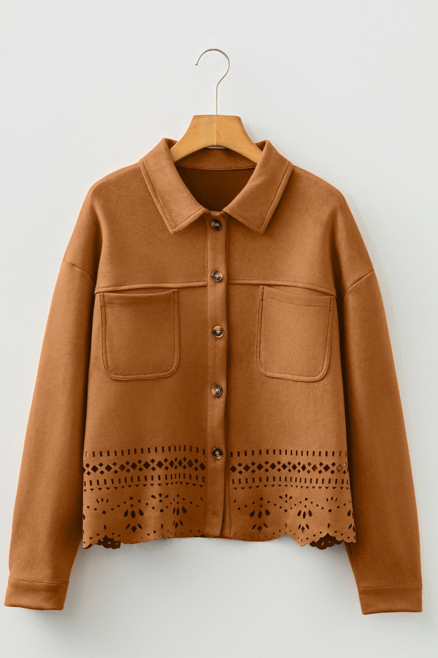 Thai Curry Solid Color Faux Suede Hollowed Detail Retro Style Jacket
