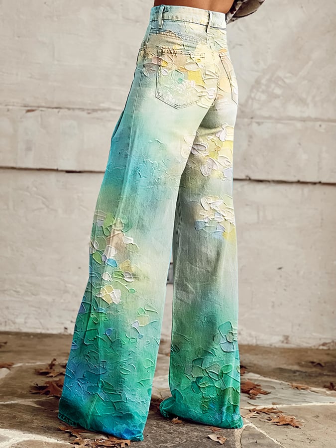 Women's Vintage Oil Painting Floral Wide Leg Pants