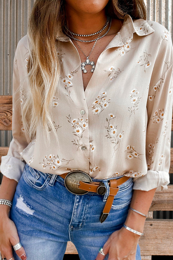 Elegant V-neck daisy print shirt