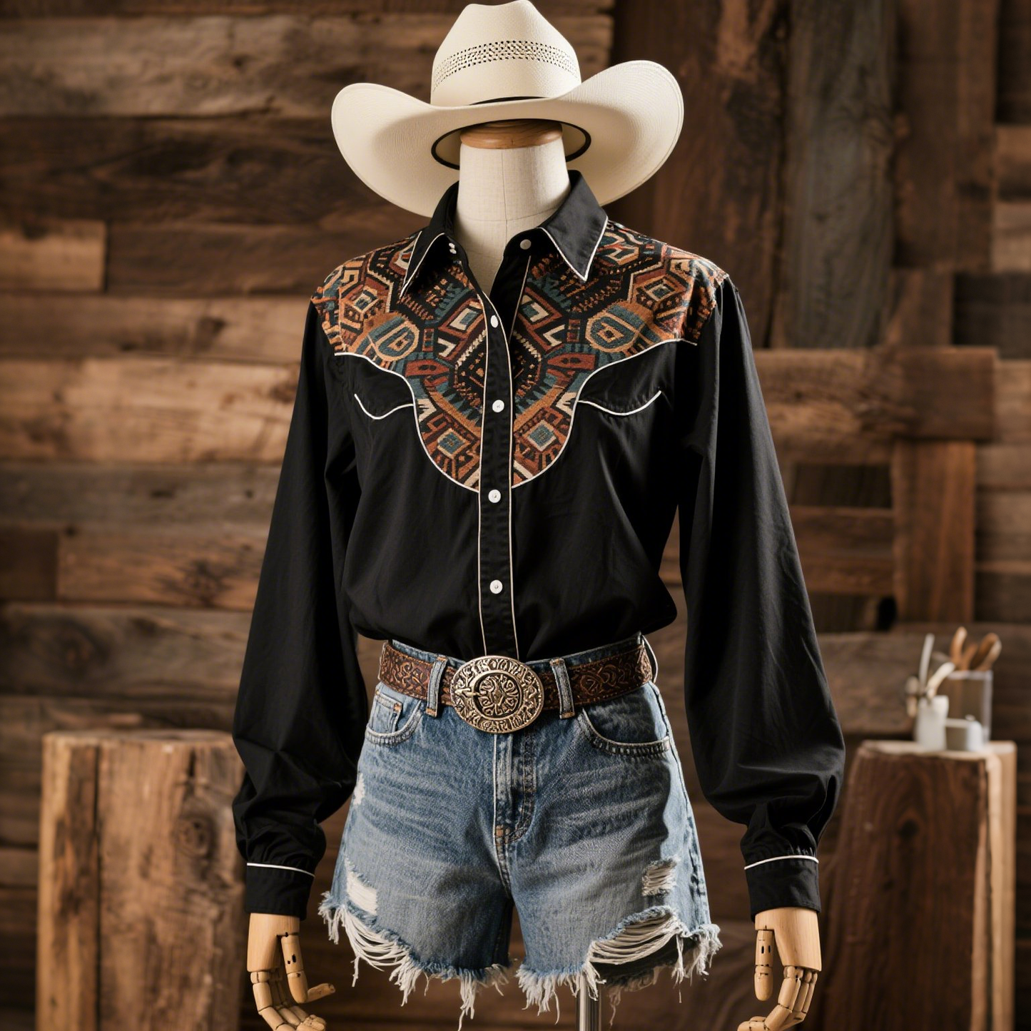 Women's Retro Western Geometric Art Long Sleeve Shirt