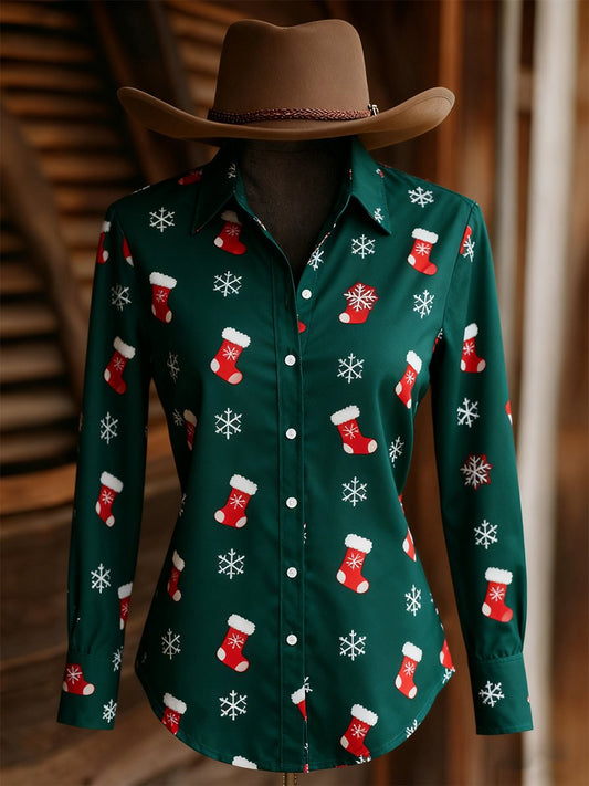Women's Vintage Casual Western Christmas Long Sleeve Shirt