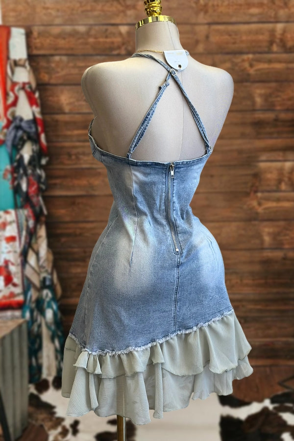 Washed Ruffle Denim Mini Dress