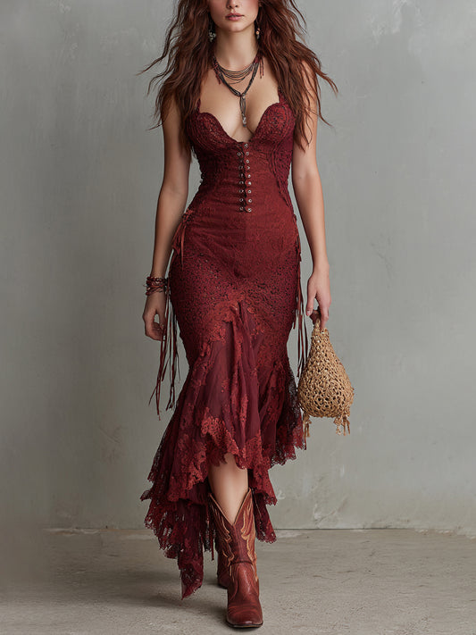 Lace Corset-Style Midi Dress With Fringe Details And Asymmetric Hem