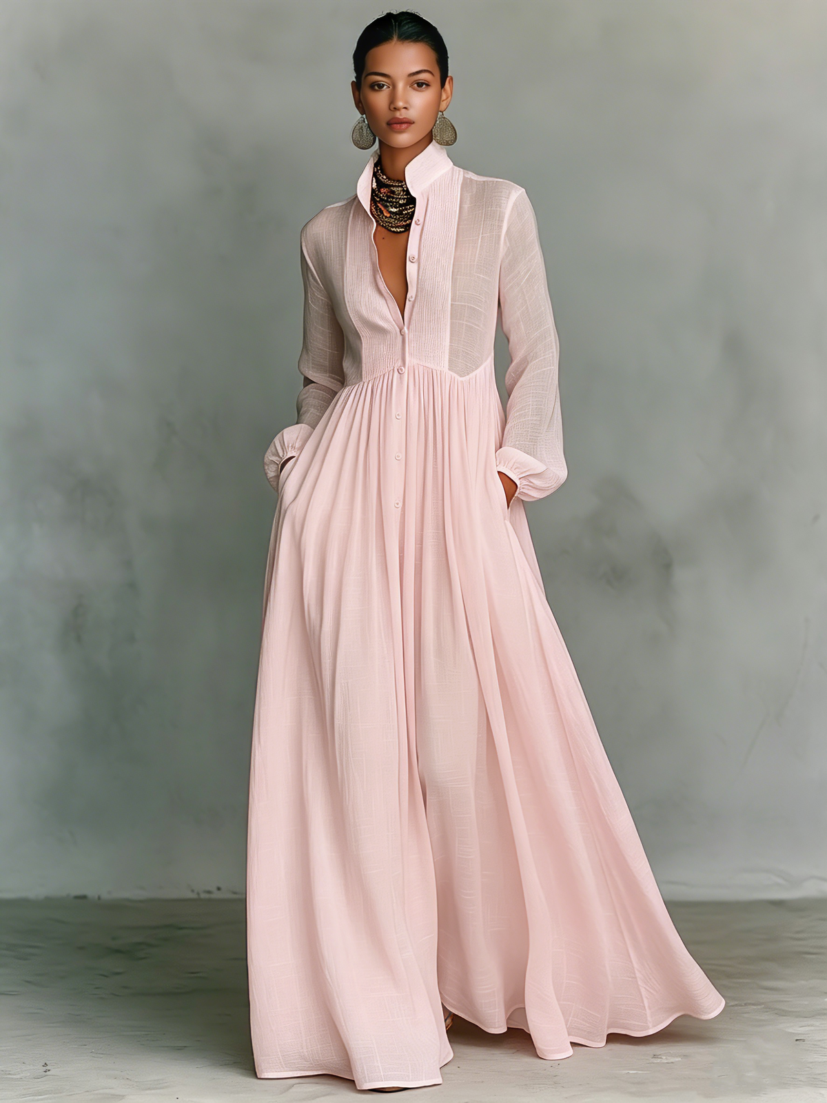 Women's Minimalist Tencel And Linen Patchwork Single-breasted Stand-up Collar Long-sleeved Maxi Dress