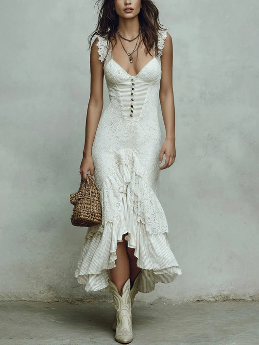Lace And Striped Cotton Blend Mermaid Dress With Ruffles And Button Front