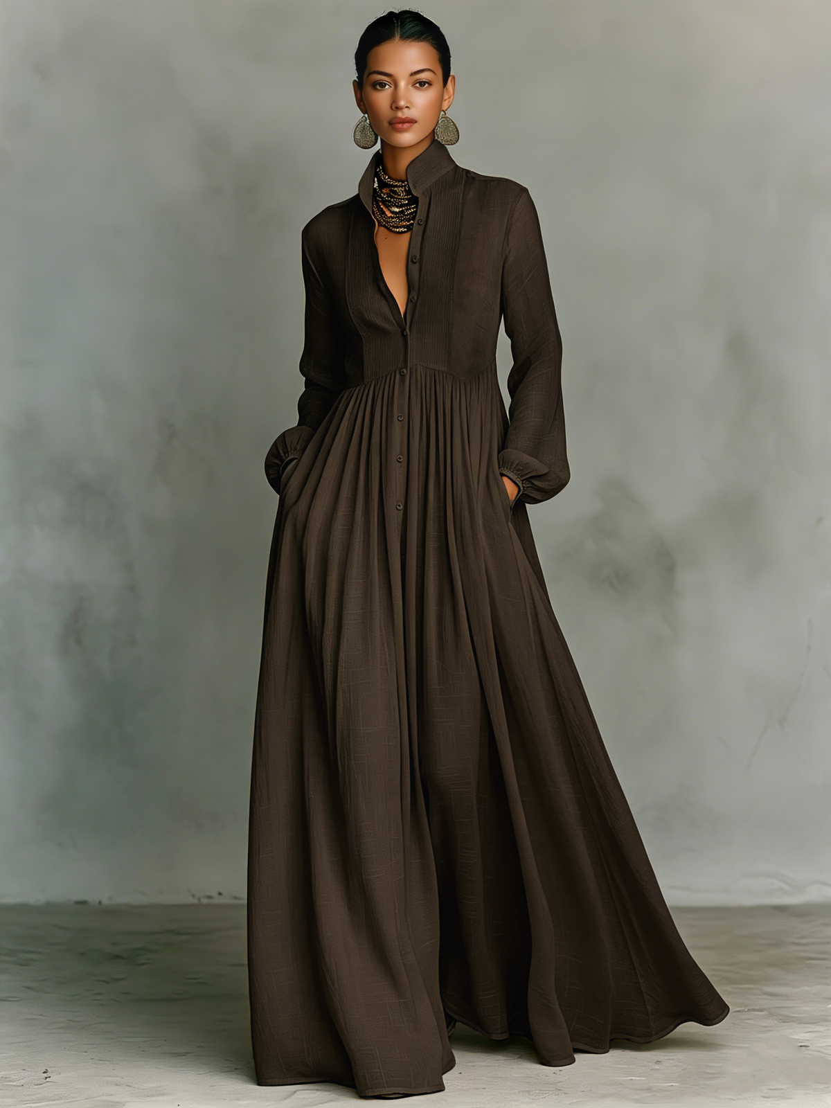 Women's Minimalist Tencel And Linen Patchwork Single-breasted Stand-up Collar Long-sleeved Maxi Dress