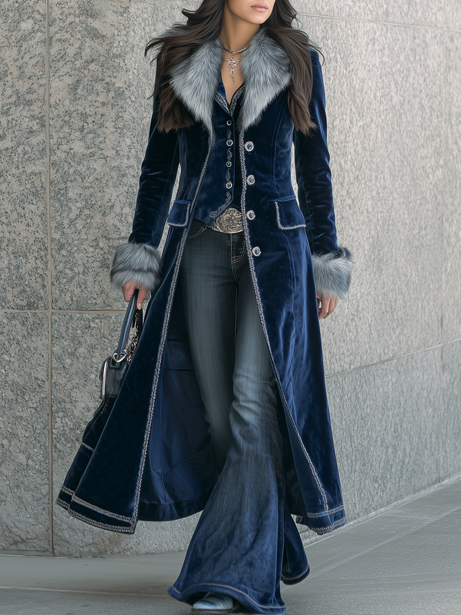 Vintage Detachable Fur Collar Polyester Velvet Jacket