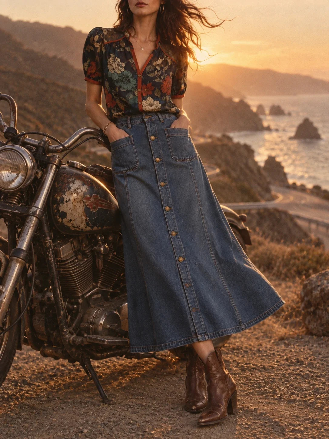 Mid Blue Vintage Wash Button-Front Denim Midi Skirt
