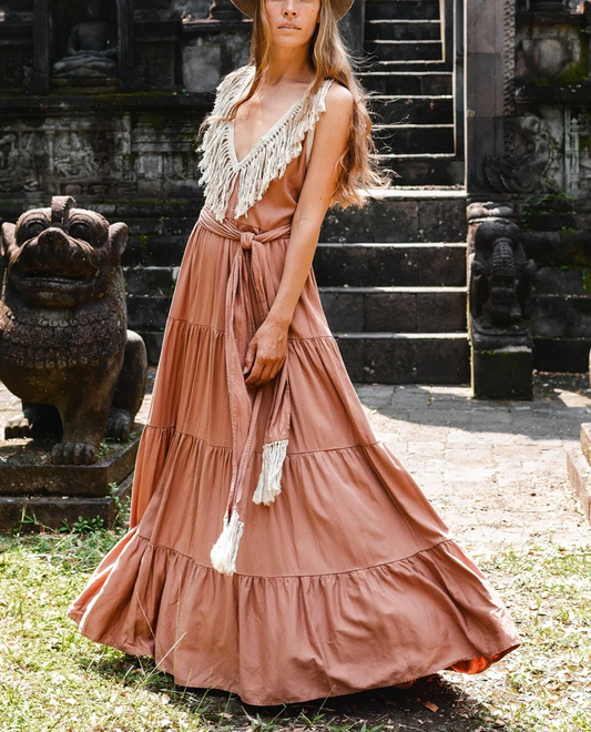 Cotton long skirt Δ Bohemian goddess dress Δ Prairie style layered dress Δ Ball gown fringed backless sleeveless tank top / light pink