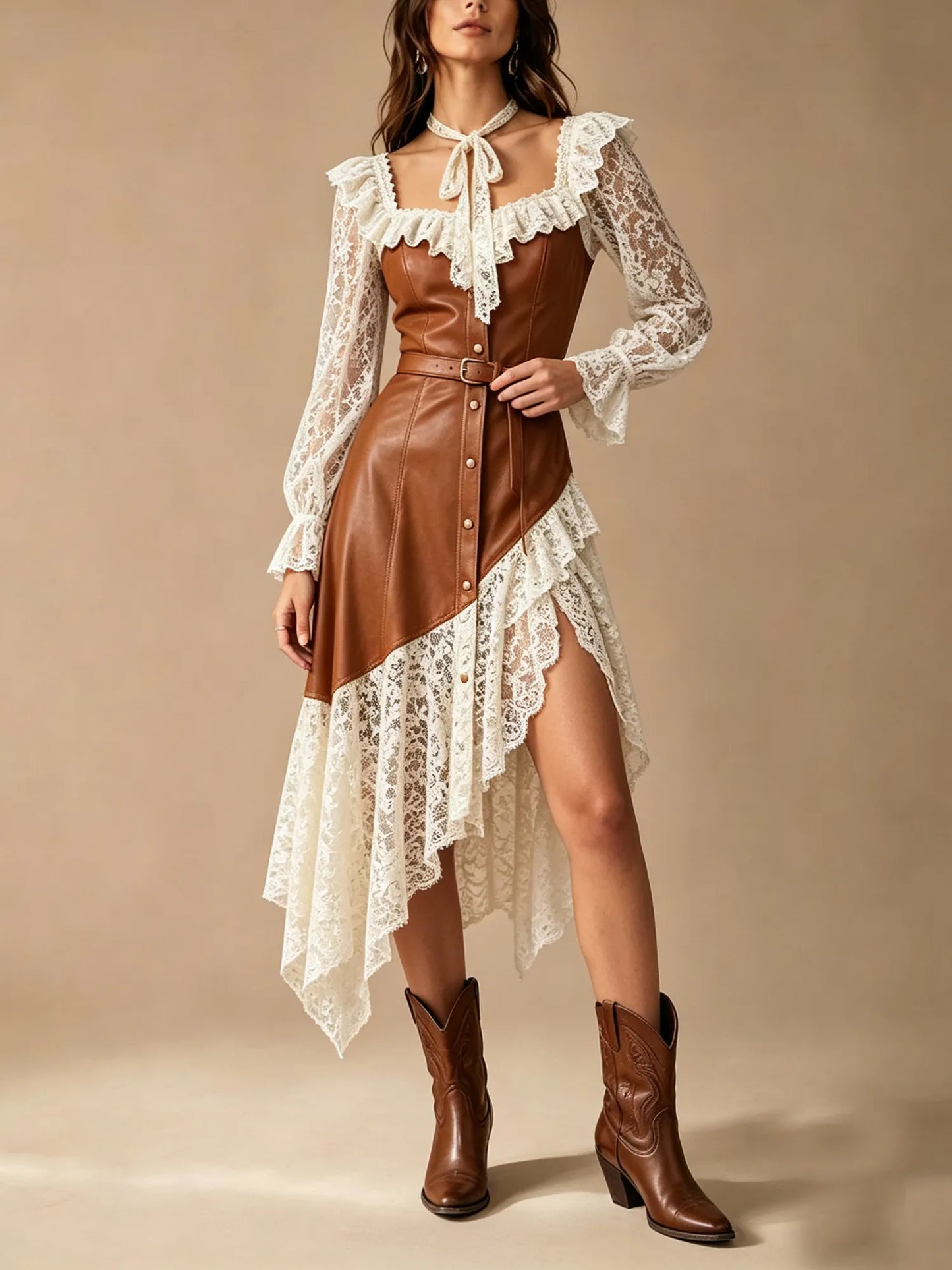 Western-style dress — Cognac brown vest with a cinched waist and belt, asymmetrical ruffles, PU leather and lace trim, Midi Dress