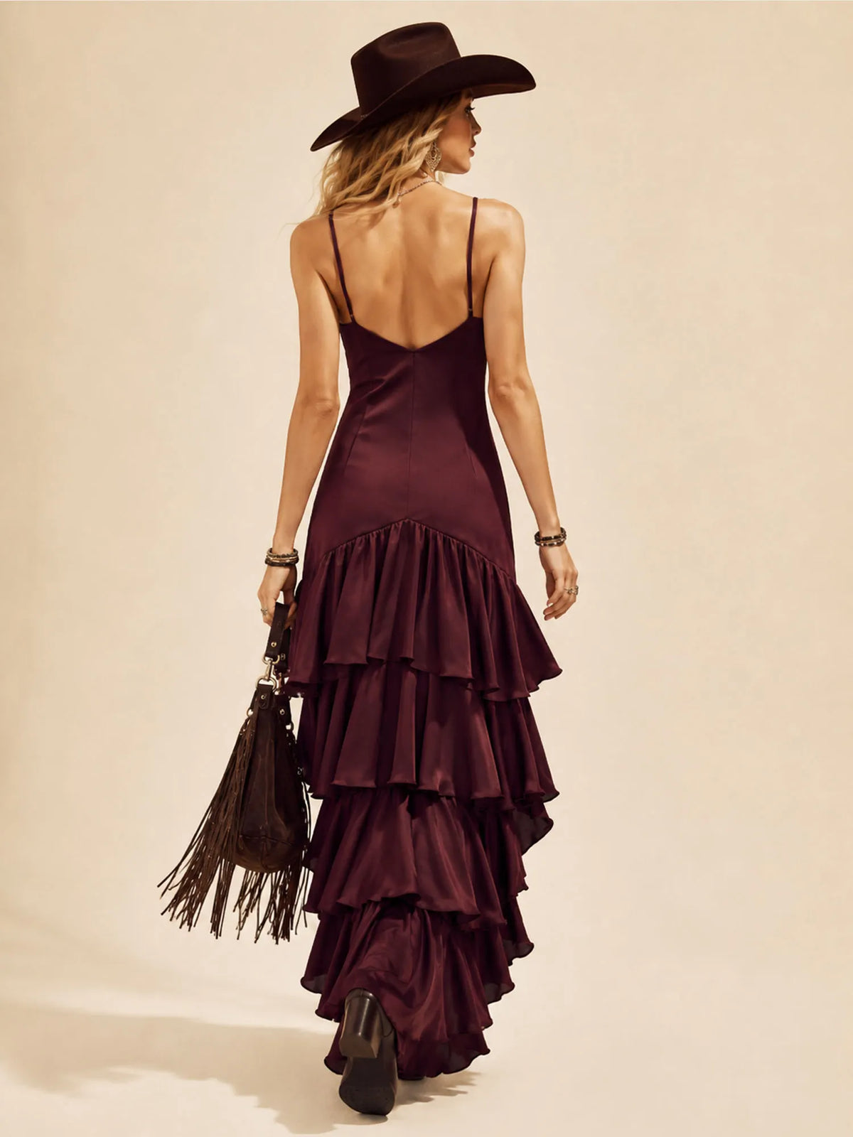 Perfect for Upscale Ranch Dinner — Deep Burgundy, Elegant V-Neck and Layered Hem, 2026 Spring/Autumn Women's Boho Chic Maxi Dress