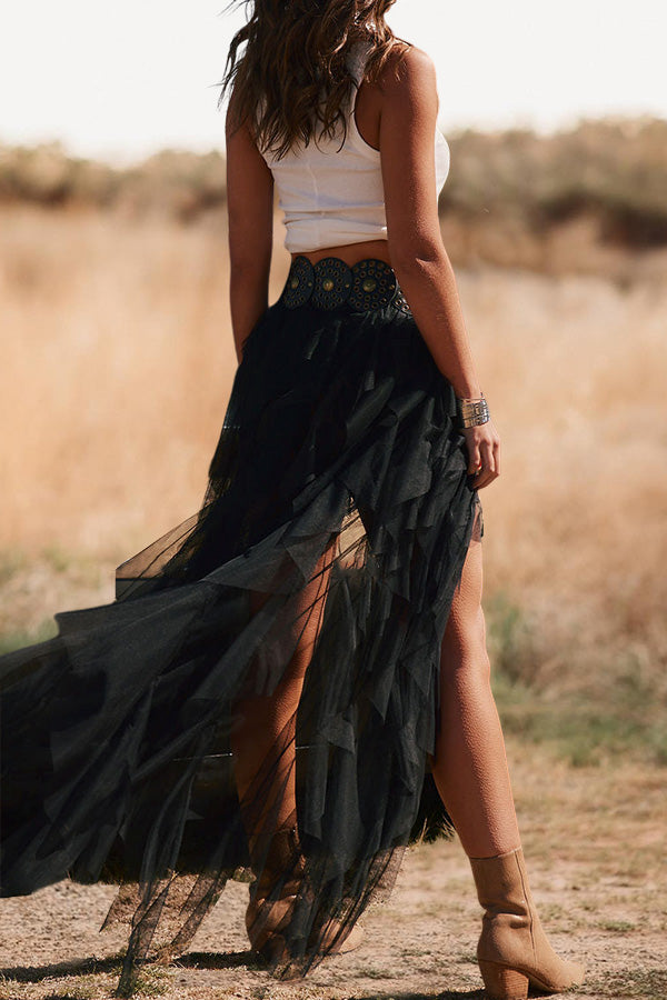 Western rock black tulle maxi dress