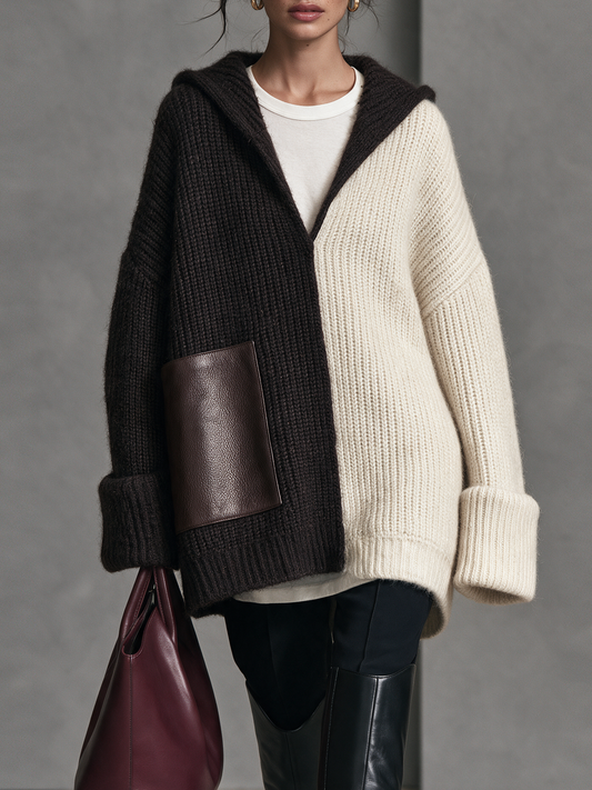 Women's Vintage Oversized Color-Block Hooded Mini Sweater Dress