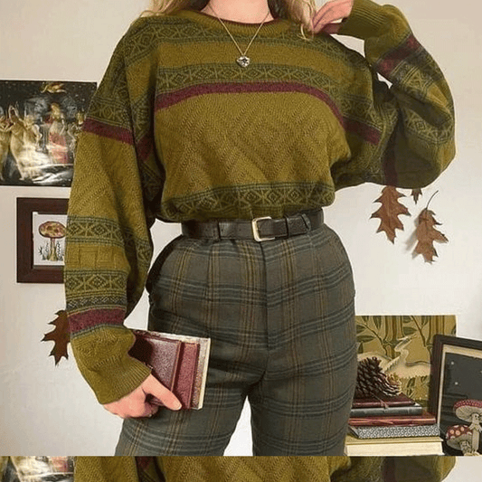 Women's Vintage Geometric Pattern Striped Ethnic Style Print Round Neck Oversize Olive Green Sweatshirt