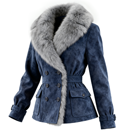 Women's Elegant Double-breasted Blue Suede Coat With Fur Collar