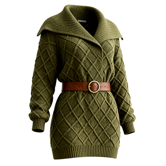 Women's Vintage Olive Green Cable Knit Wrap Sweater Dress
