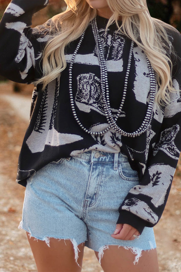 Western Vintage Boots Crew Neck Sweater