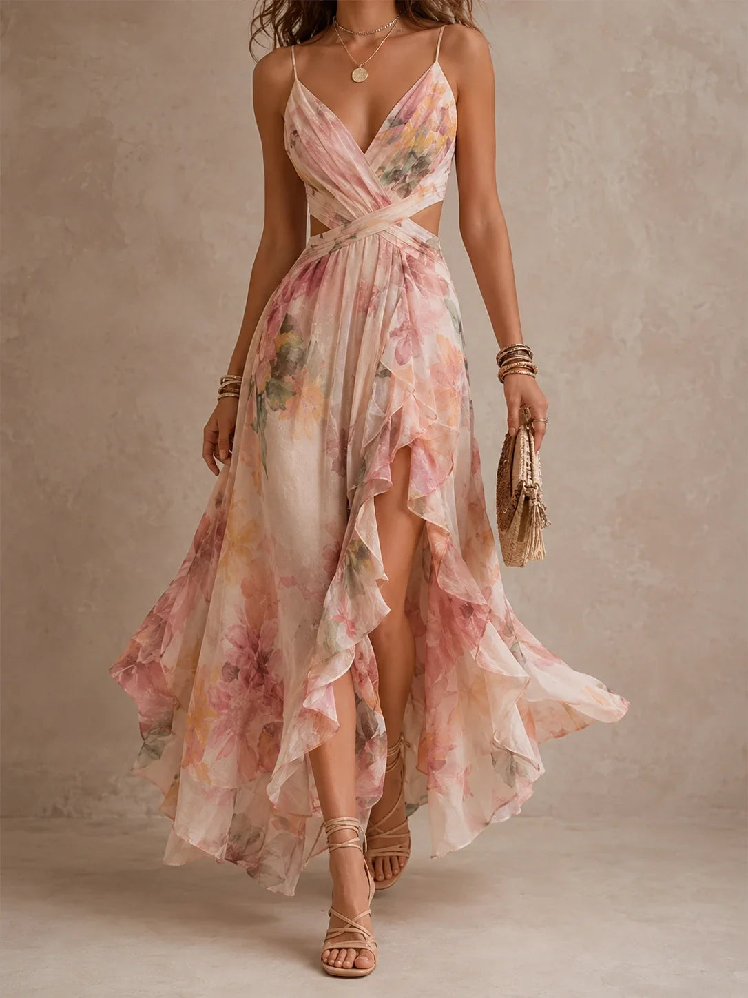 Blush Watercolor Floral Cutout Ruffle Maxi Dress