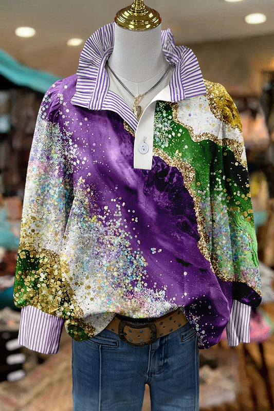 Shiny Mardi Gras Striped Ruffle Blouse