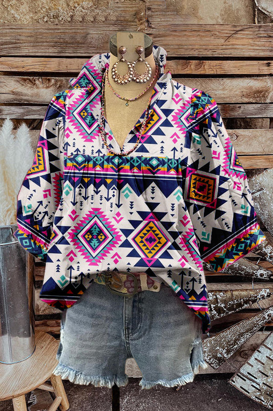 Fashion Western Totem Print Puff Sleeve Top