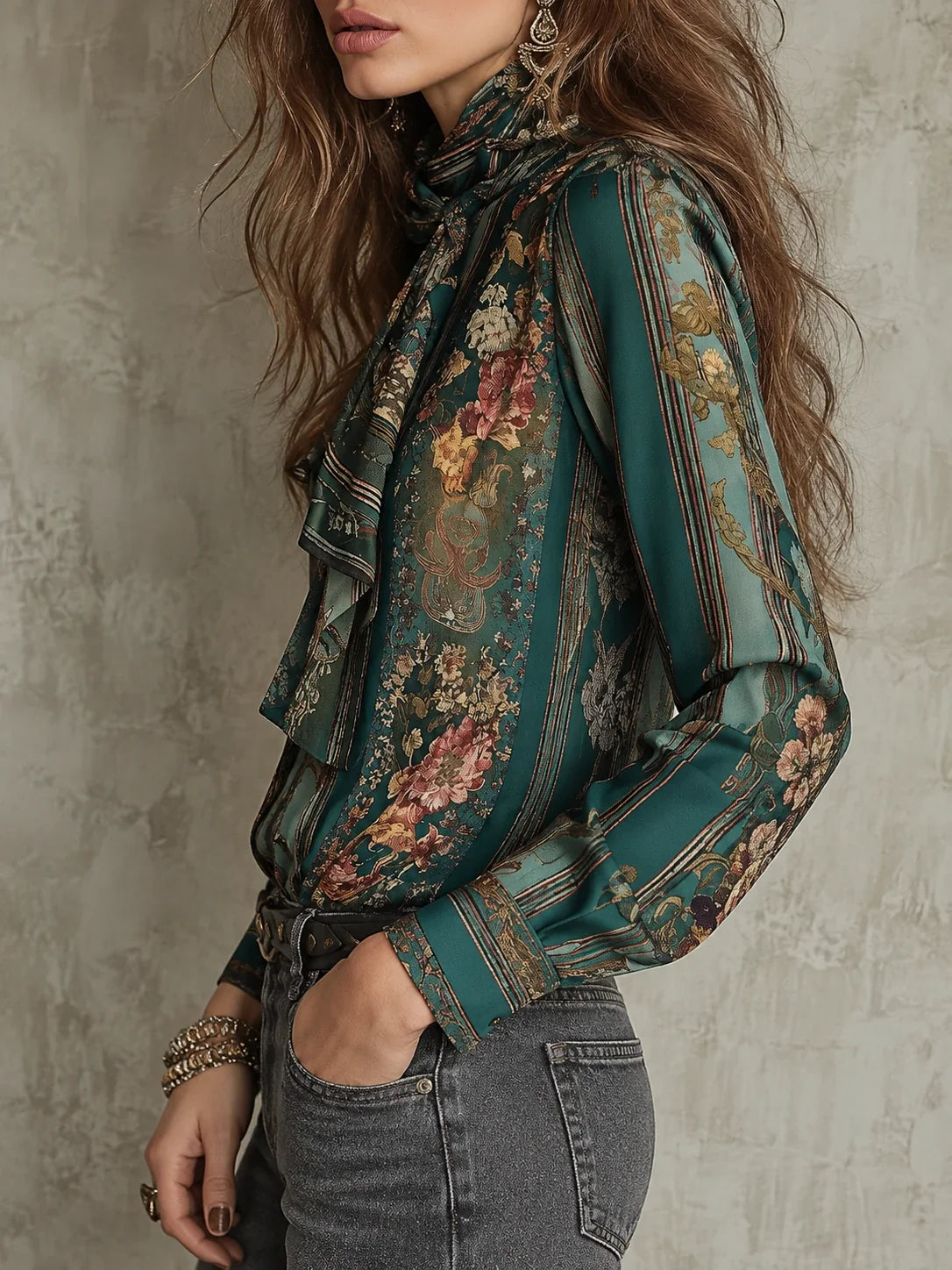 Vintage Luxury Floral Print Satin Blouse With A Tie-neck Detail