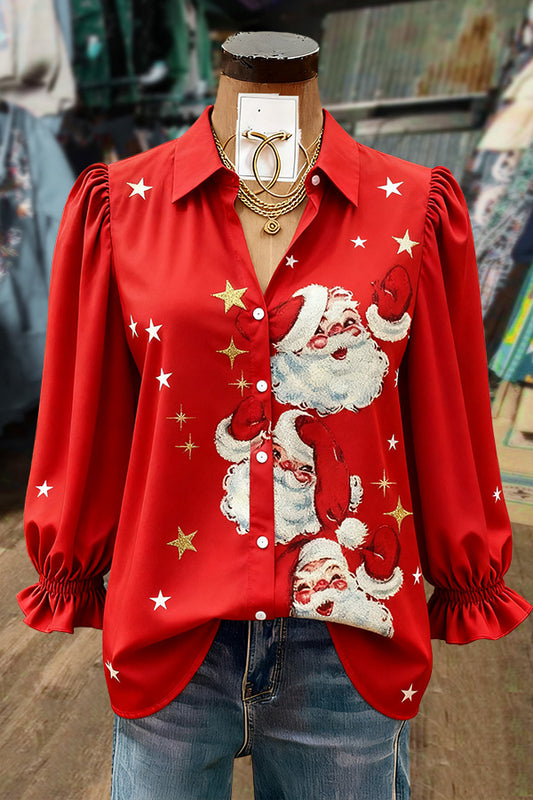 Christmas Santa Print Colalred Long Sleeve Top