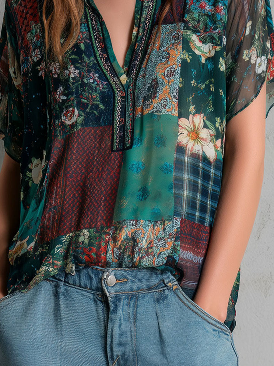 Bohemian Patchwork Multi-Print Chiffon Blouse