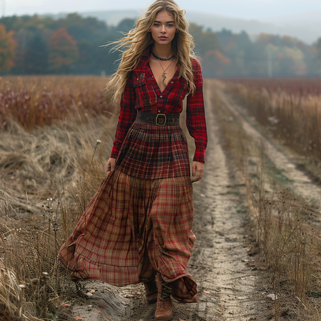 Retro V-neck Plaid Women's Long-sleeved Long Skirt Country Pastoral Retro Dress