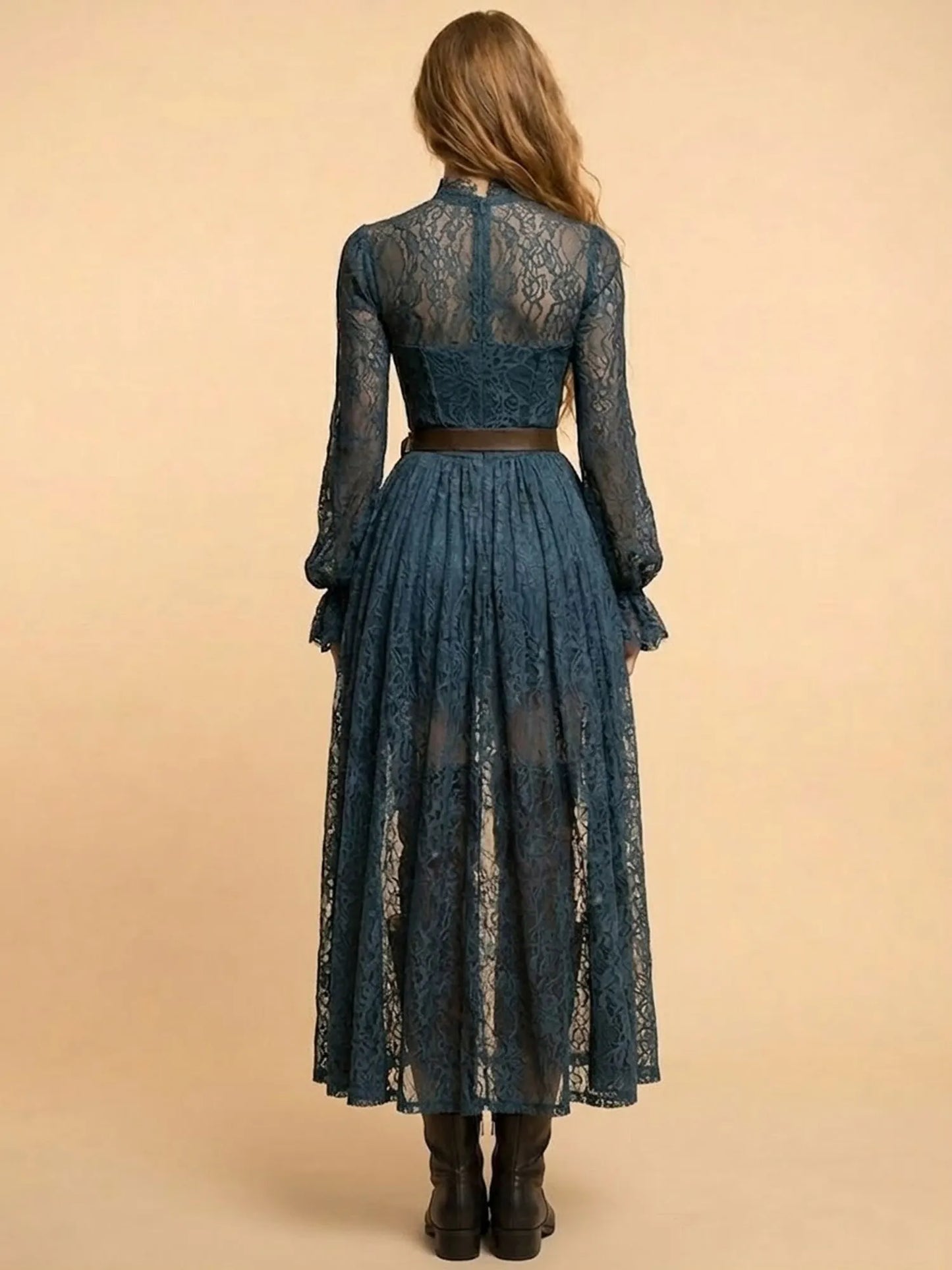Women's Vintage Western Teal Lace High Low Dress Long Bell Sleeve High Neck Gothic Boho Maxi Dress