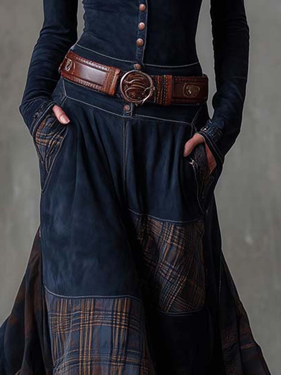 Vintage Patchwork Suede Maxi Dress With Plaid Panels