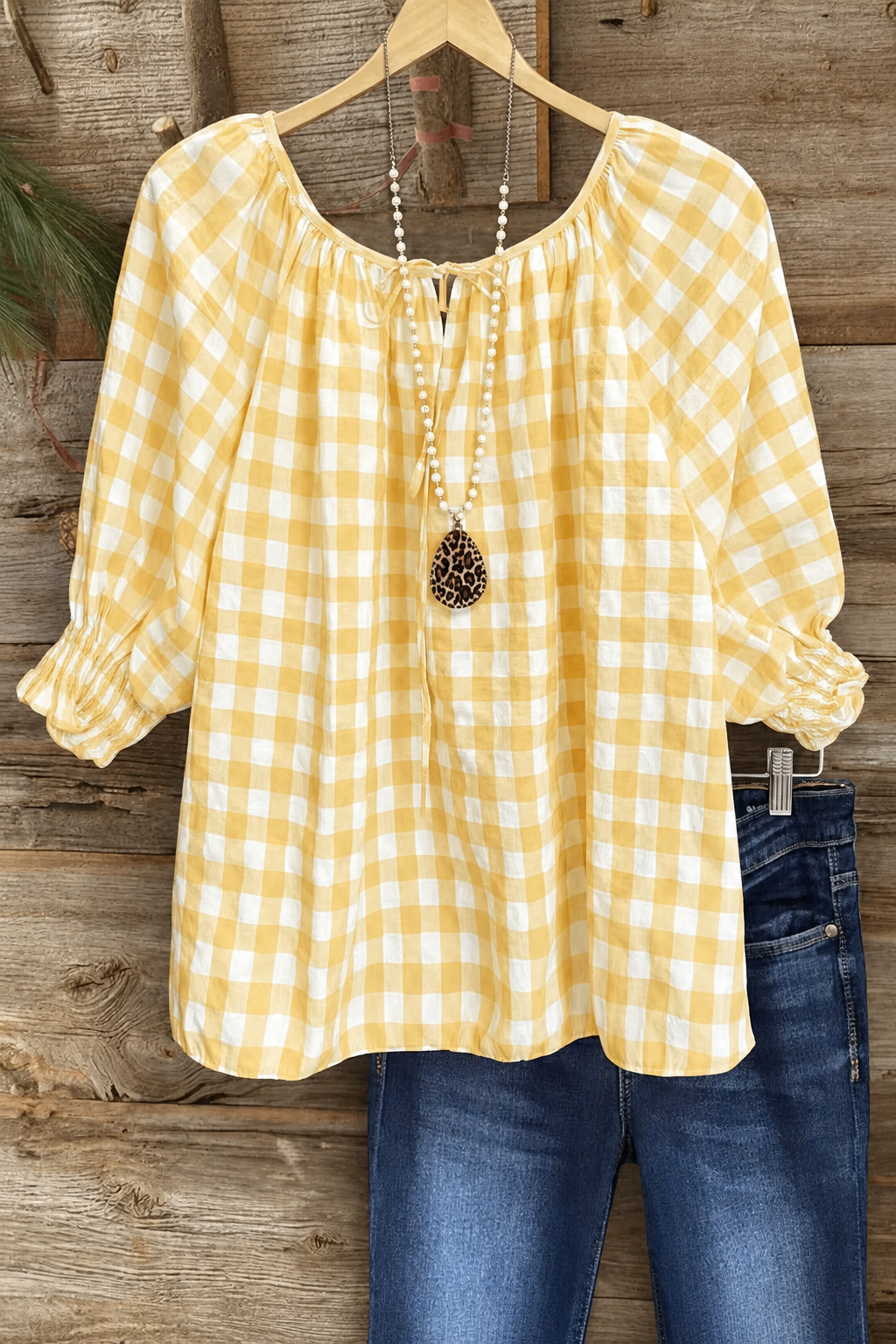 Cotton Plaid Gathered Cuff Top