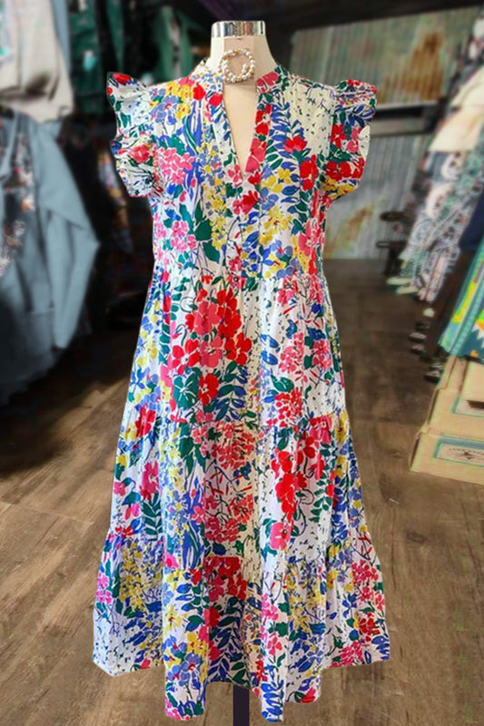 Floral Print V-Neck Ruffle Tier Dress