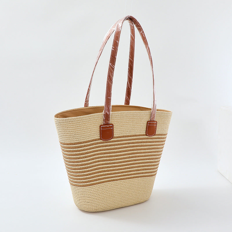 Bohemian Straw Striped Hat And Tote Bag Two-piece Set For Summer Outings