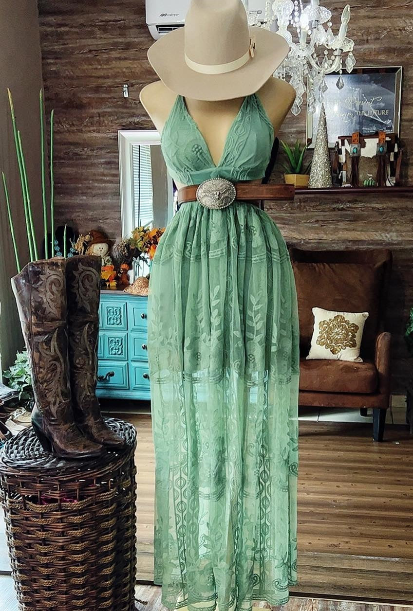 Gorgeous Deep V Neck Green Printed Dress