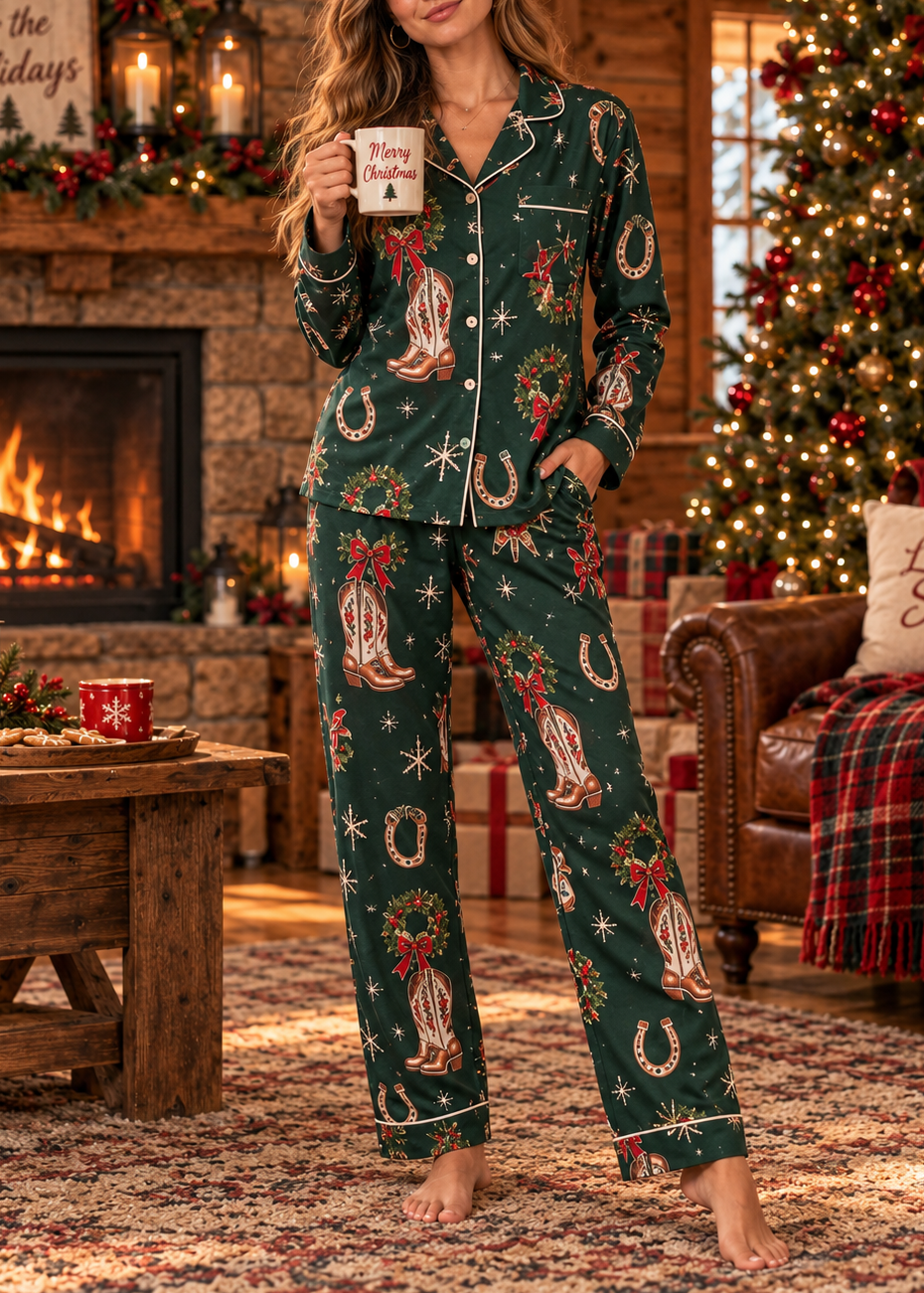 Women's Western Christmas Cowboy Boot Wreath Long Sleeve Pants Suit