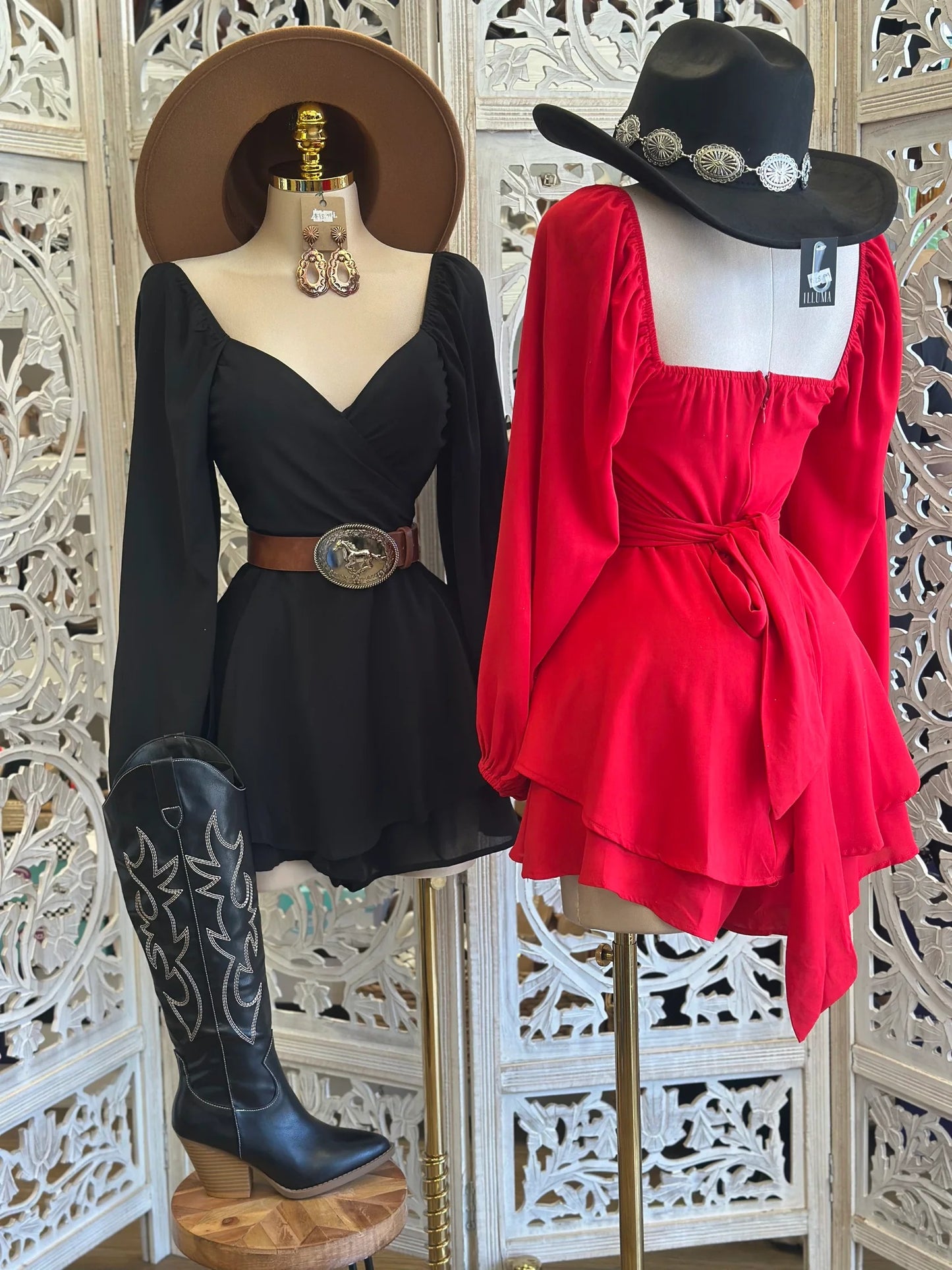 Western V-Neck Belted Romper Dress