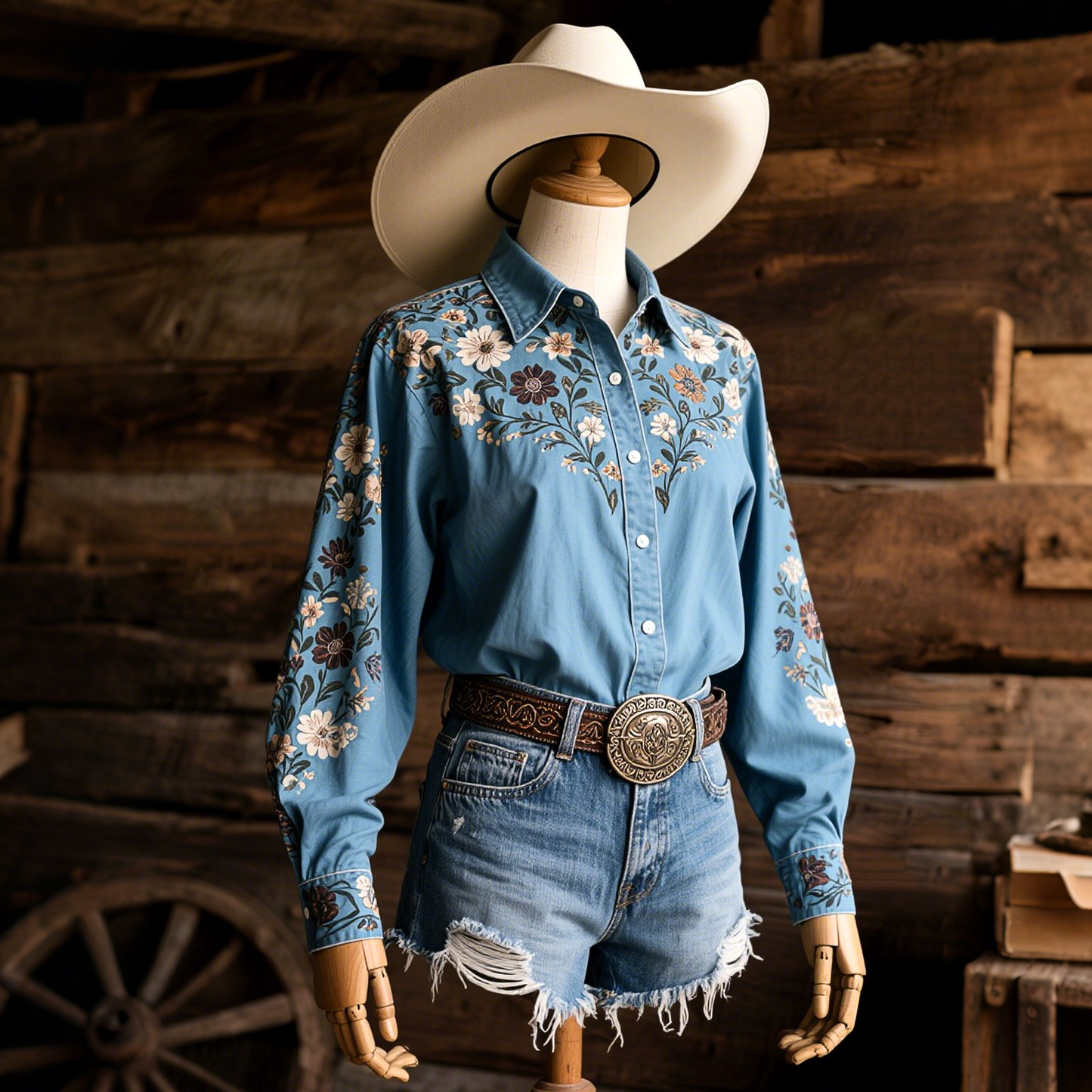 Women's Vintage Western Floral Art Long Sleeve Shirt