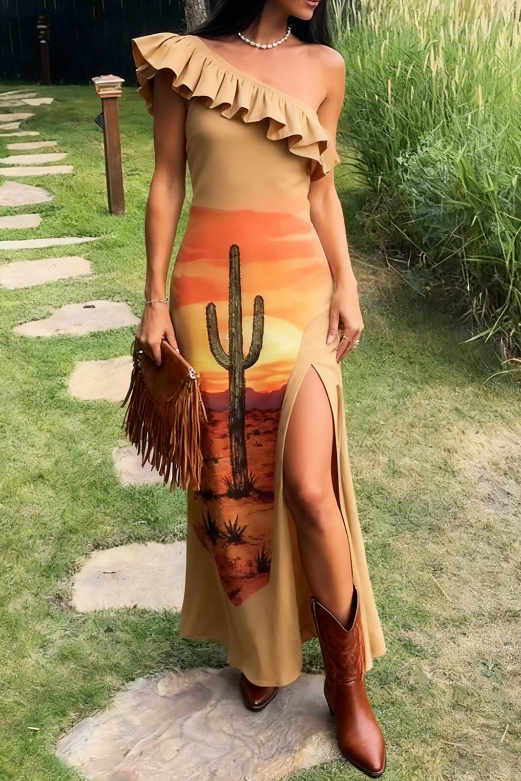 Women's Off-the-shoulder Desert Cactus High Slit Long Dress