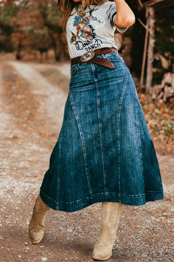 Washed Western Patchwork Denim Skirt