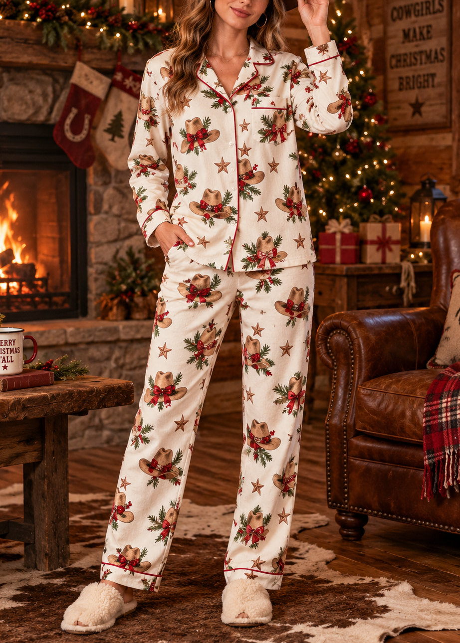 Women's Western Cowboy Hat Christmas Long Sleeve Pants Suit